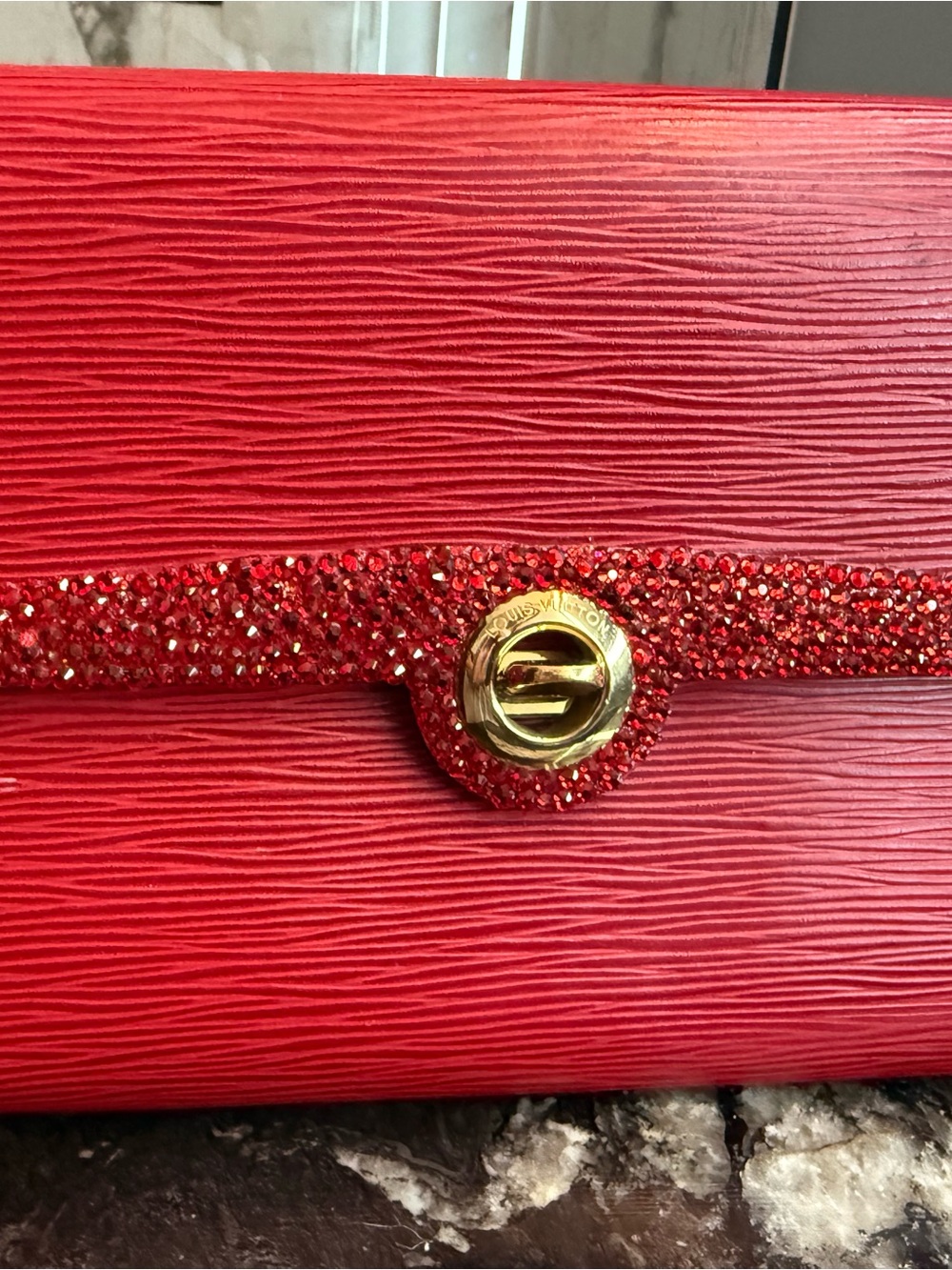 Louis Vuitton Red Epi Crystal-Trim Wristlet Clutch